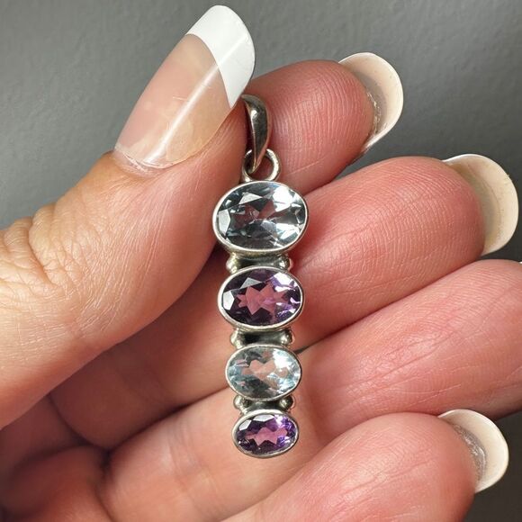 Stunning faceted, graduated oval cut Aquamarine and Amethyst, 925 pendant! - Picture 11 of 11